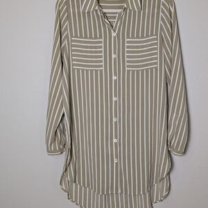 Susan Graver Chambray Boyfriend Taupe and White Striped Hi Low Hem Sz4 Lagenlook